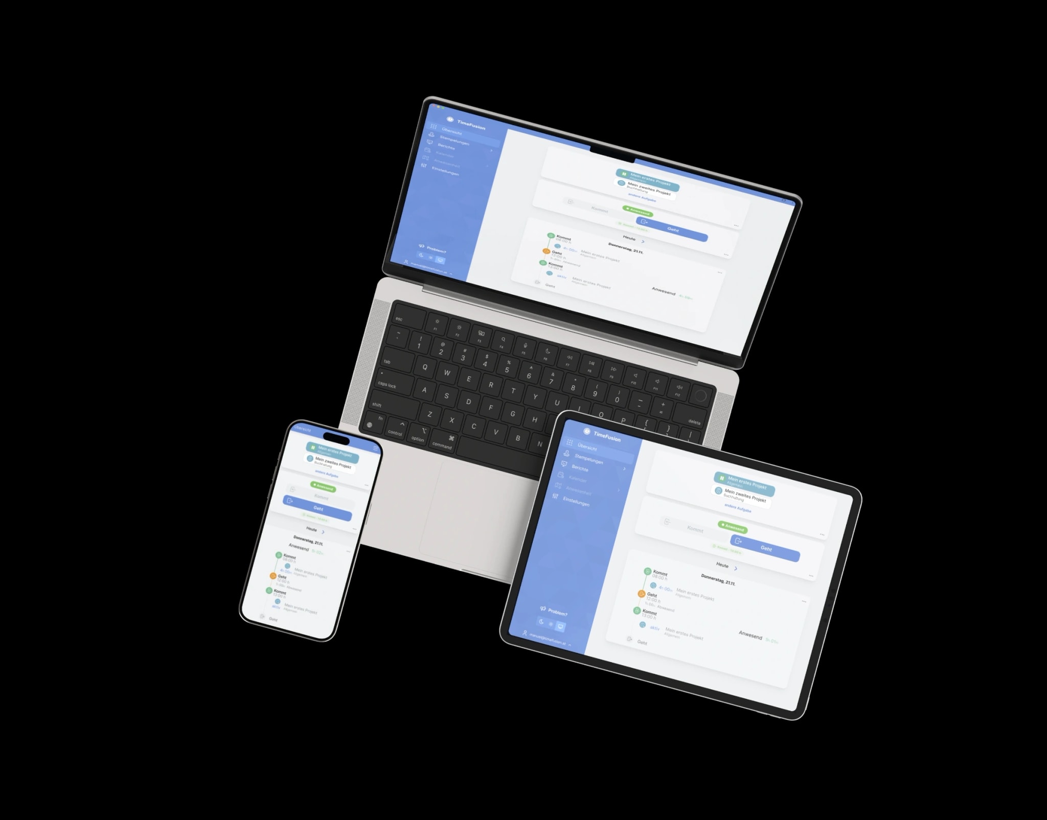 TimeFusion Zeiterfassung auf verschiedenen Geräten: Laptop, Tablet und Smartphone