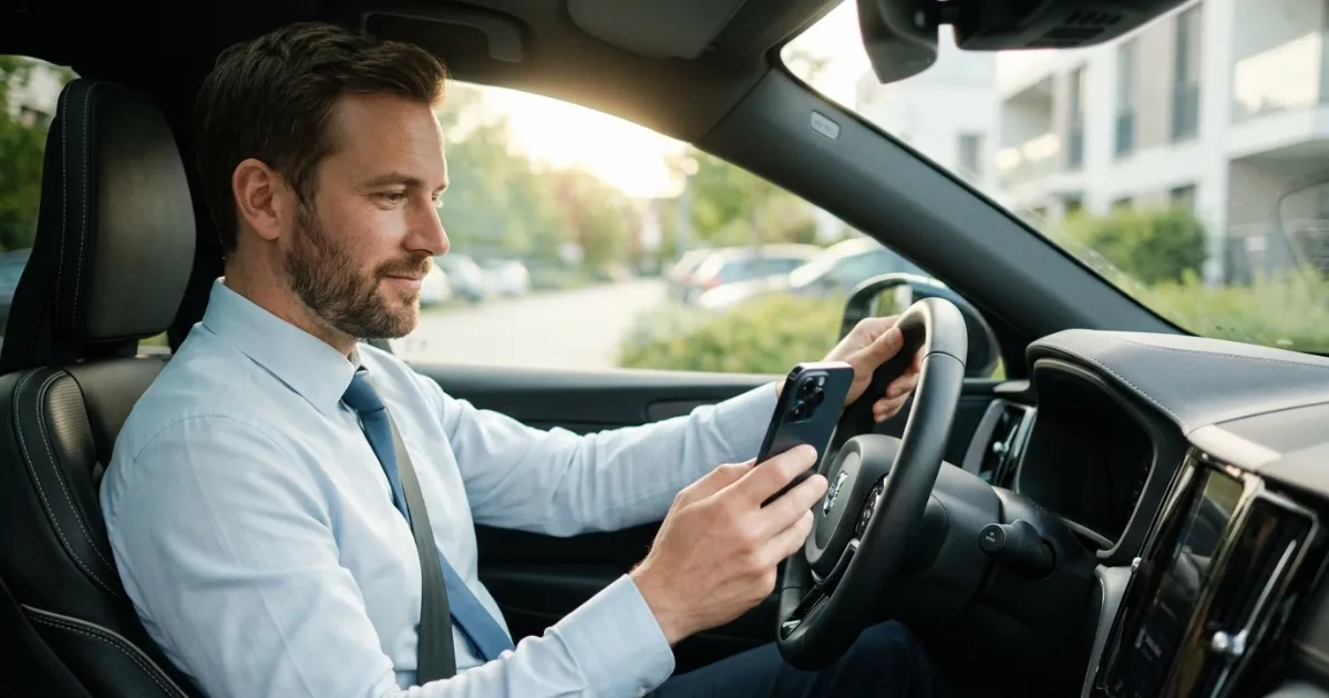 Person am Steuer eines stehenden PKW, Smartphone in der Hand