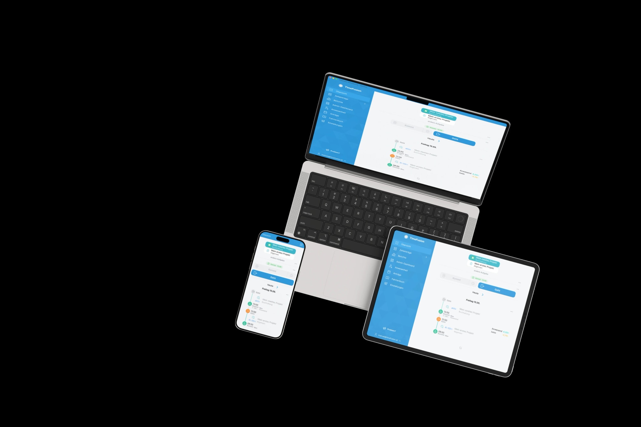 TimeFusion Zeiterfassung auf verschiedenen Geräten: Laptop, Tablet und Smartphone
