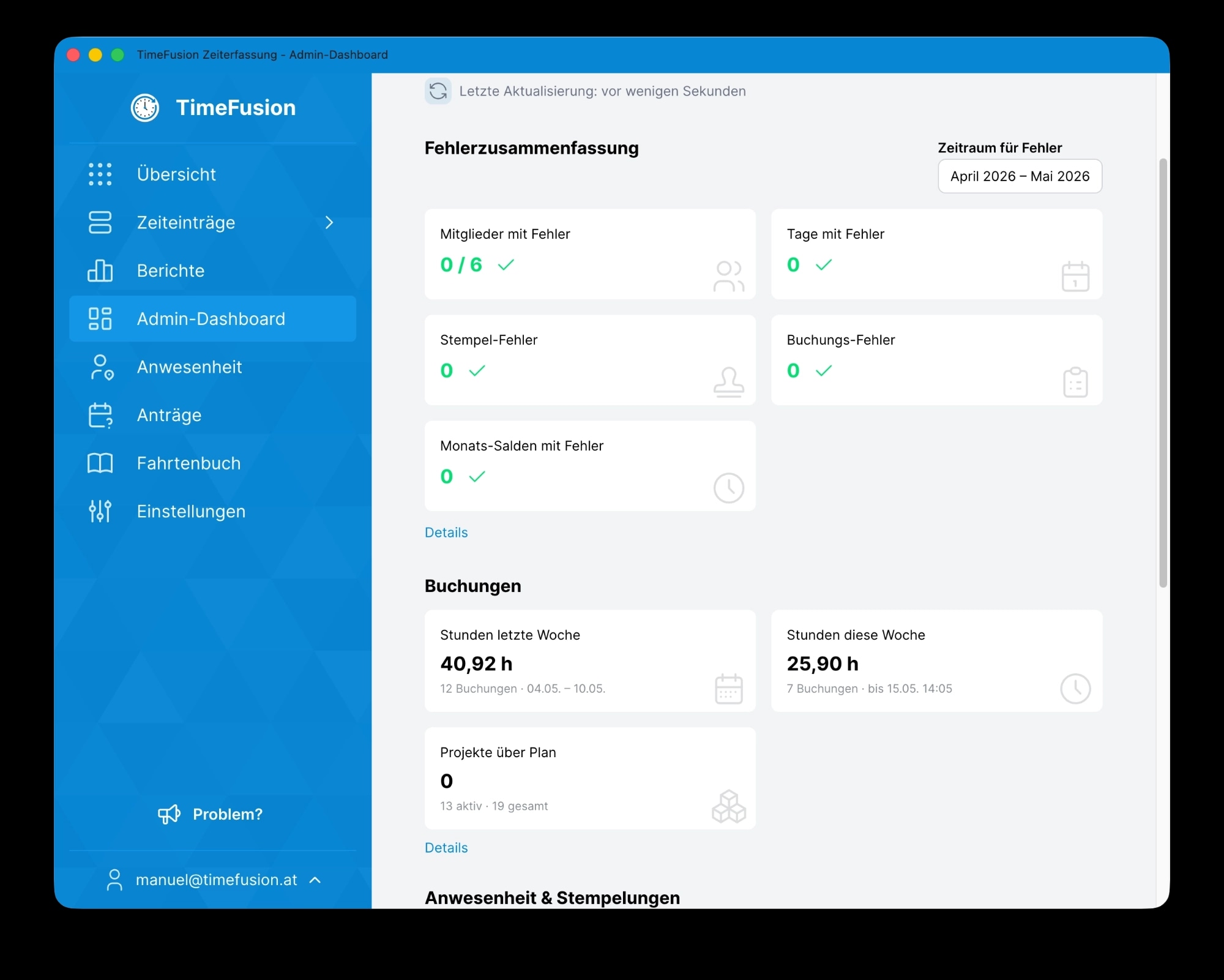 TimeFusion App - Admin-Dashboard mit Fehlerzusammenfassung & Buchungen