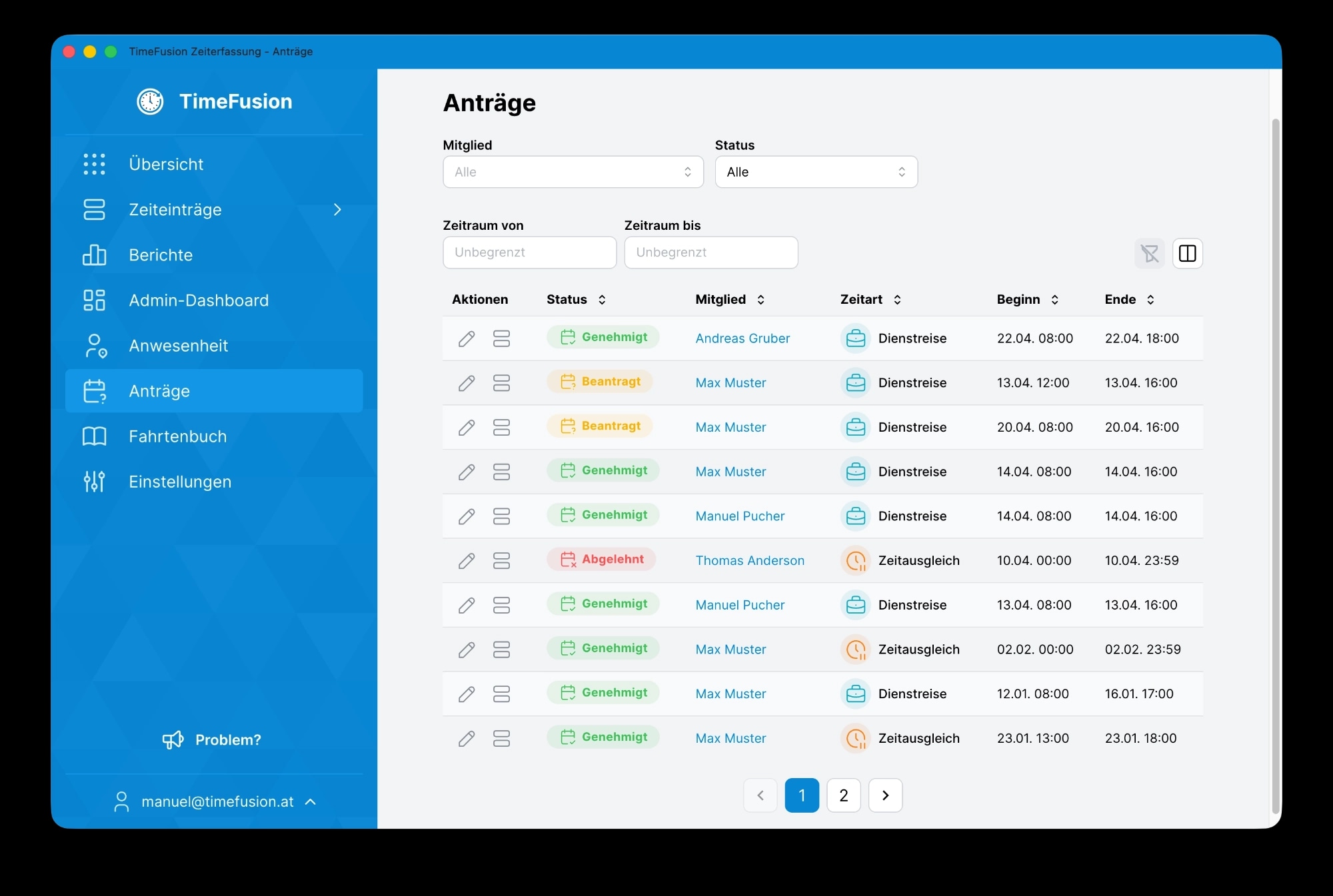 TimeFusion App - Anträge von Mitgliedern mit Genehmigungs-Workflow