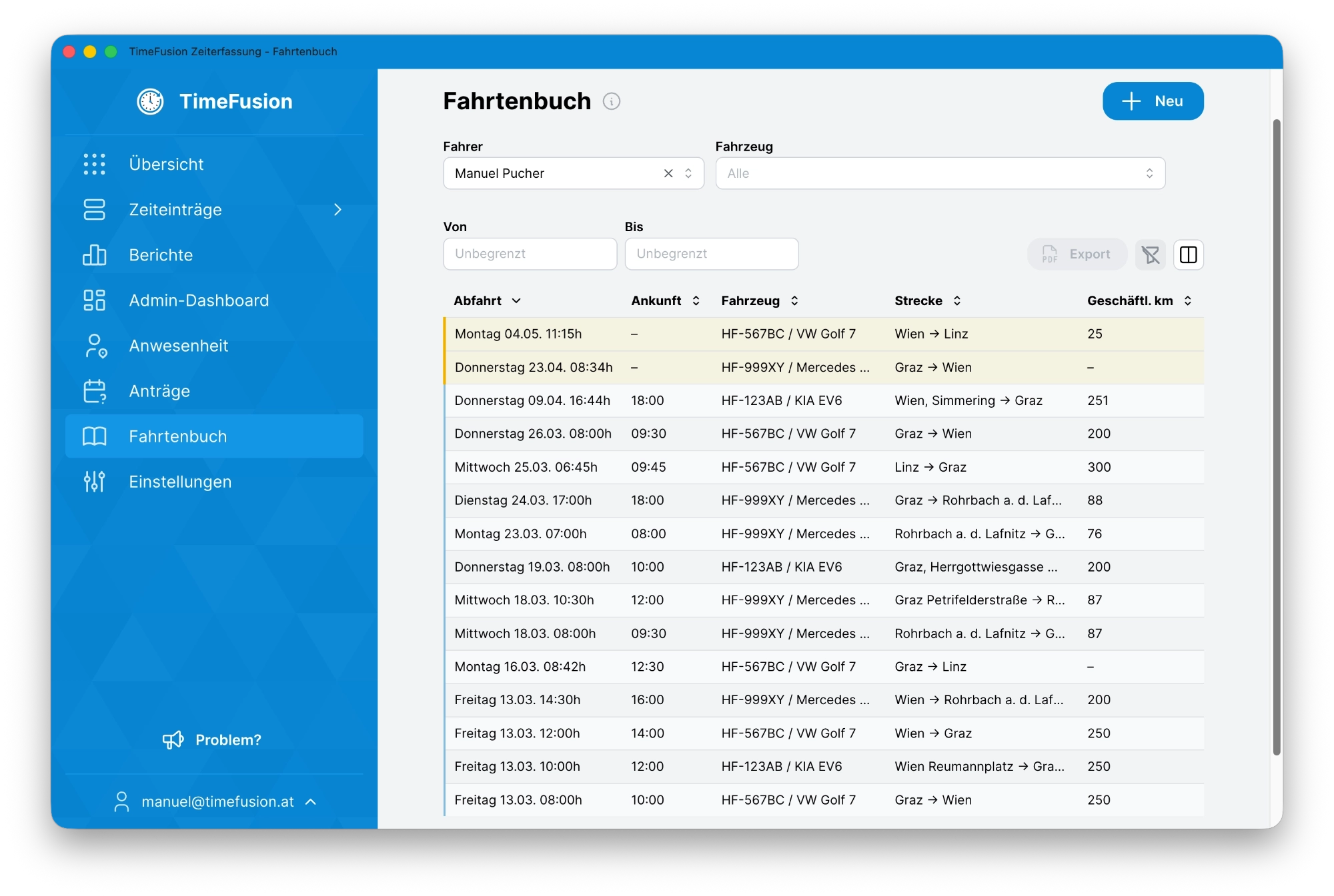 TimeFusion App - Fahrtenbuch mit Fahrzeug, Strecke, Kilometerstand usw.